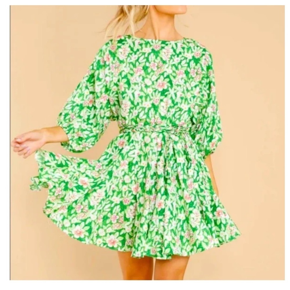 French violet boutique balloons sleeves Floral Green and Pink mini  Dress L